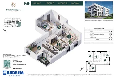 Rzut - Mieszkanie na sprzedaż 3 pokoje o powierzchni 60,2 m² - numer 8 w Badurskiego 7
