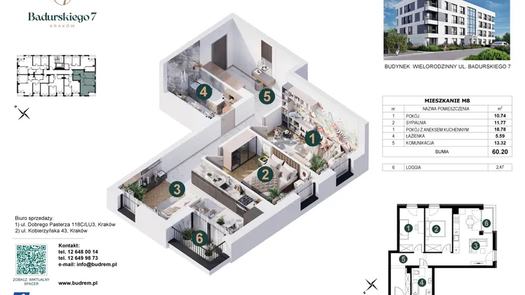 Rzut - Mieszkanie na sprzedaż 3 pokoje o powierzchni 60,2 m² - numer 8 w Badurskiego 7