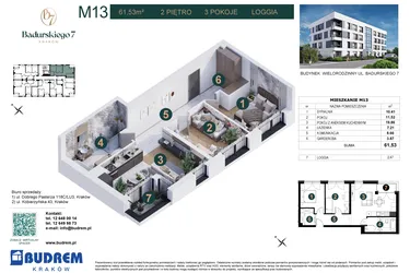 Rzut - Mieszkanie na sprzedaż 3 pokoje o powierzchni 61,53 m² - numer 13 w Badurskiego 7