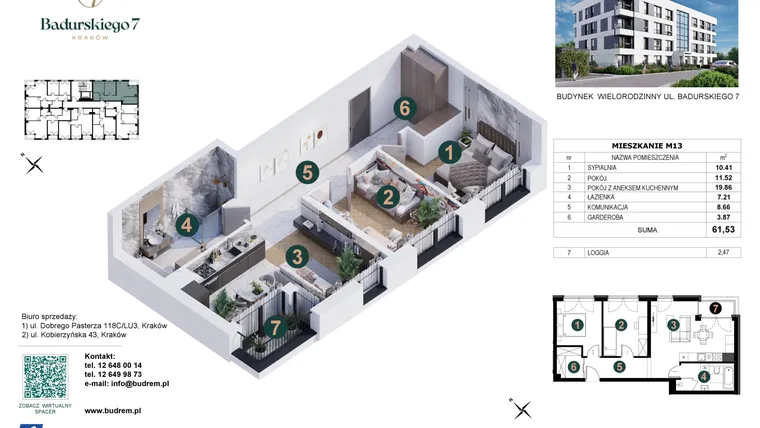 Rzut - Mieszkanie na sprzedaż 3 pokoje o powierzchni 61,53 m² - numer 13 w Badurskiego 7
