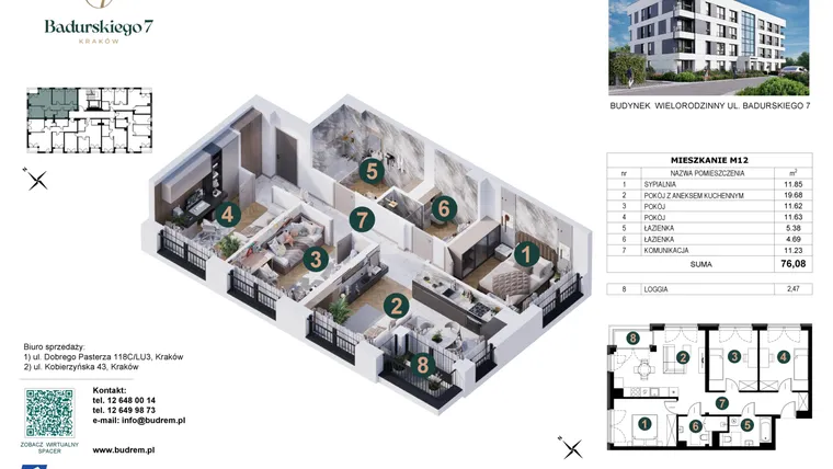 Rzut - Mieszkanie na sprzedaż 4 pokoje o powierzchni 76,08 m² - numer 12 w Badurskiego 7