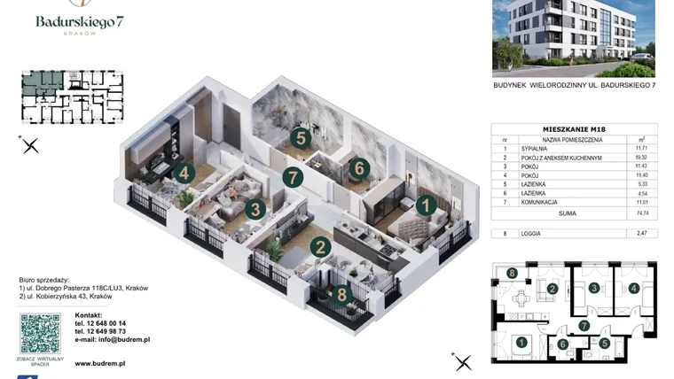 Rzut - Mieszkanie na sprzedaż 4 pokoje o powierzchni 74,74 m² - numer 18 w Badurskiego 7