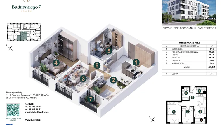 Rzut - Mieszkanie na sprzedaż 3 pokoje o powierzchni 56,82 m² - numer 22 w Badurskiego 7