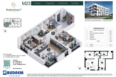 Rzut - Mieszkanie na sprzedaż 3 pokoje o powierzchni 71,62 m² - numer 23 w Badurskiego 7