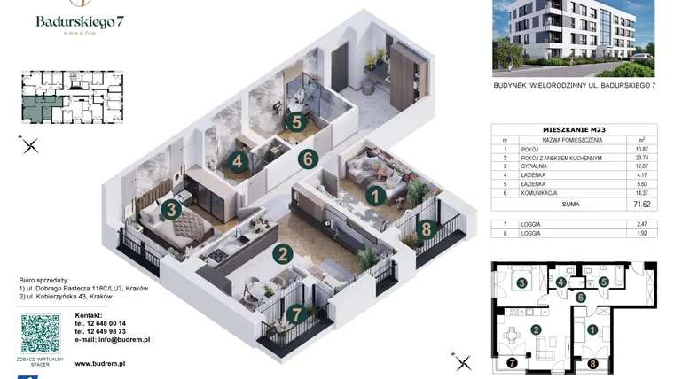 Rzut - Mieszkanie na sprzedaż 3 pokoje o powierzchni 71,62 m² - numer 23 w Badurskiego 7