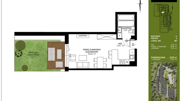 Rzut - Mieszkanie na sprzedaż 1 pokój o powierzchni 32,95 m² - numer A_M3 w Triton Kampinos III