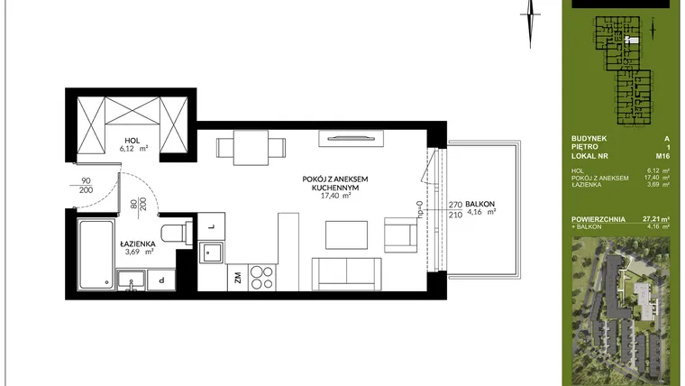 Rzut - Mieszkanie na sprzedaż 1 pokój o powierzchni 27,21 m² - numer A_M16 w Triton Kampinos III