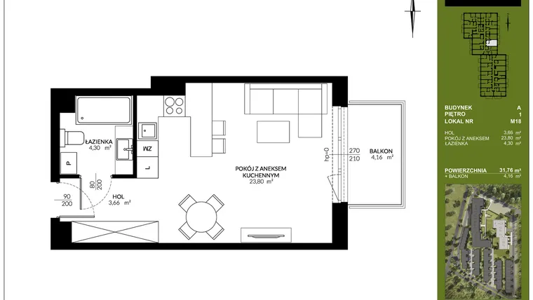 Rzut - Mieszkanie na sprzedaż 1 pokój o powierzchni 31,76 m² - numer A_M18 w Triton Kampinos III