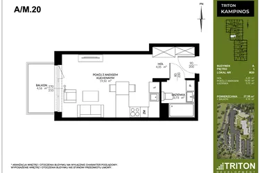 Rzut - Mieszkanie na sprzedaż 1 pokój o powierzchni 27,58 m² - numer A_M20 w Triton Kampinos III