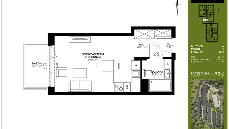 Rzut - Mieszkanie na sprzedaż 1 pokój o powierzchni 27,58 m² - numer A_M20 w Triton Kampinos III