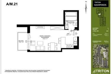 Rzut - Mieszkanie na sprzedaż 1 pokój o powierzchni 32,95 m² - numer A_M21 w Triton Kampinos III
