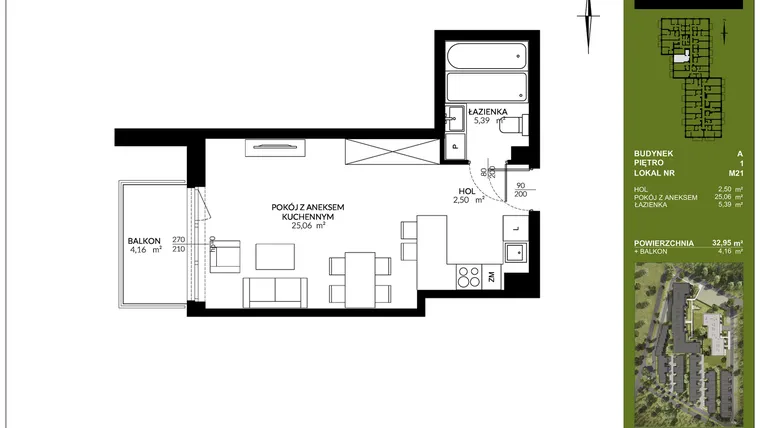 Rzut - Mieszkanie na sprzedaż 1 pokój o powierzchni 32,95 m² - numer A_M21 w Triton Kampinos III
