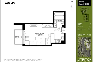 Rzut - Mieszkanie na sprzedaż 1 pokój o powierzchni 32,95 m² - numer A_M43 w Triton Kampinos III