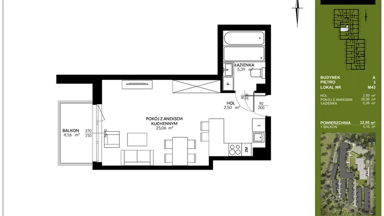 Rzut - Mieszkanie na sprzedaż 1 pokój o powierzchni 32,95 m² - numer A_M43 w Triton Kampinos III