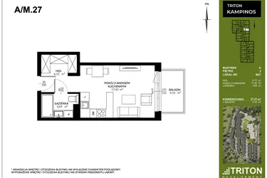 Rzut - Mieszkanie na sprzedaż 1 pokój o powierzchni 27,21 m² - numer A_M27 w Triton Kampinos III
