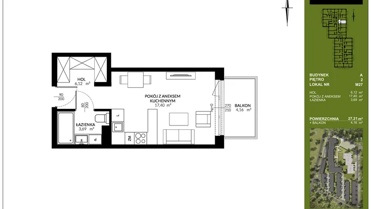 Rzut - Mieszkanie na sprzedaż 1 pokój o powierzchni 27,21 m² - numer A_M27 w Triton Kampinos III