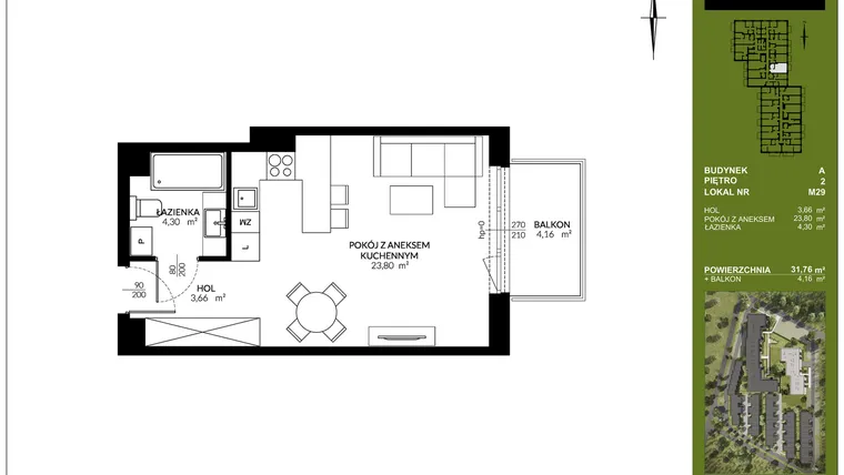Rzut - Mieszkanie na sprzedaż 1 pokój o powierzchni 31,76 m² - numer A_M29 w Triton Kampinos III