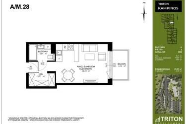 Rzut - Mieszkanie na sprzedaż 1 pokój o powierzchni 28,04 m² - numer A_M28 w Triton Kampinos III