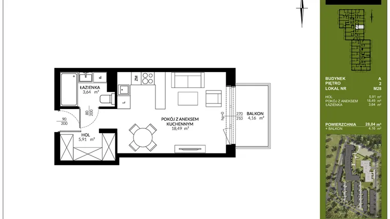 Rzut - Mieszkanie na sprzedaż 1 pokój o powierzchni 28,04 m² - numer A_M28 w Triton Kampinos III