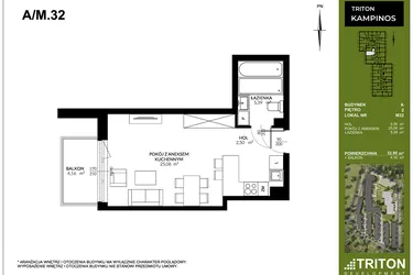 Rzut - Mieszkanie na sprzedaż 1 pokój o powierzchni 32,95 m² - numer A_M32 w Triton Kampinos III