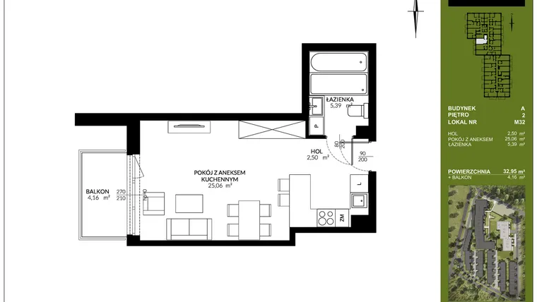 Rzut - Mieszkanie na sprzedaż 1 pokój o powierzchni 32,95 m² - numer A_M32 w Triton Kampinos III