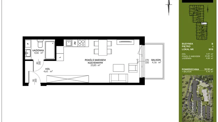 Rzut - Mieszkanie na sprzedaż 1 pokój o powierzchni 32,52 m² - numer B_M18 w Triton Kampinos III