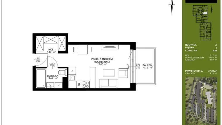 Rzut - Mieszkanie na sprzedaż 1 pokój o powierzchni 27,21 m² - numer A_M38 w Triton Kampinos III