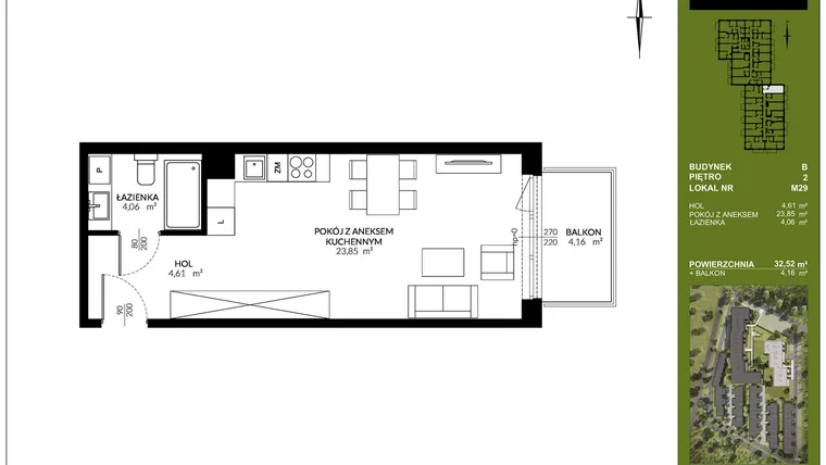 Rzut - Mieszkanie na sprzedaż 1 pokój o powierzchni 32,52 m² - numer B_M29 w Triton Kampinos III