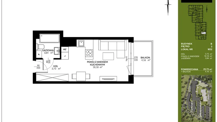 Rzut - Mieszkanie na sprzedaż 1 pokój o powierzchni 25,75 m² - numer B_M32 w Triton Kampinos III