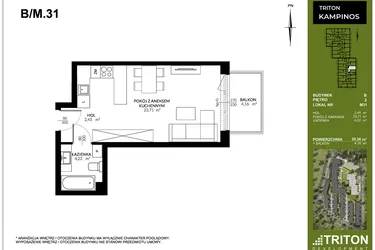 Rzut - Mieszkanie na sprzedaż 1 pokój o powierzchni 30,38 m² - numer B_M31 w Triton Kampinos III