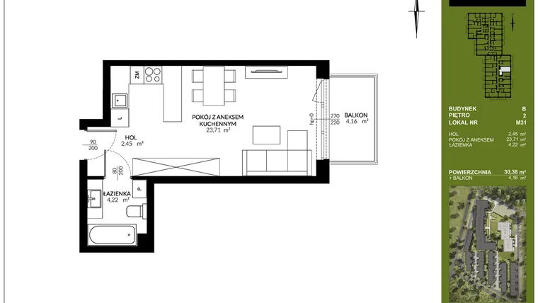 Rzut - Mieszkanie na sprzedaż 1 pokój o powierzchni 30,38 m² - numer B_M31 w Triton Kampinos III