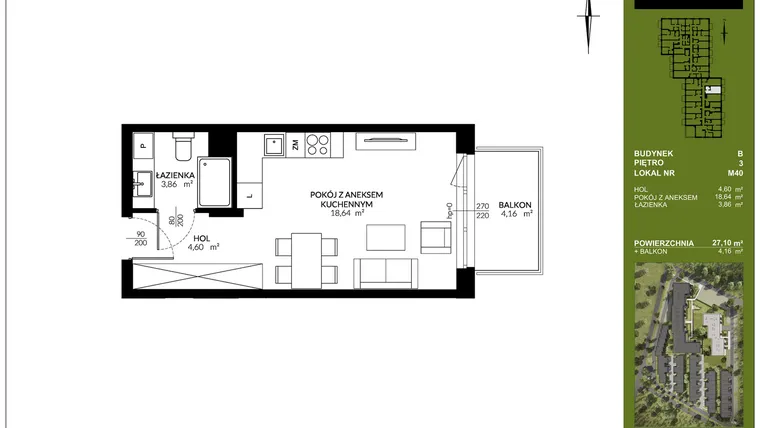 Rzut - Mieszkanie na sprzedaż 1 pokój o powierzchni 27,1 m² - numer B_M40 w Triton Kampinos III
