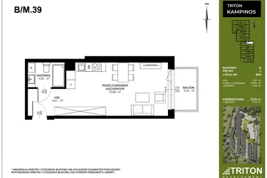 Rzut - Mieszkanie na sprzedaż 1 pokój o powierzchni 32,52 m² - numer B_M39 w Triton Kampinos III