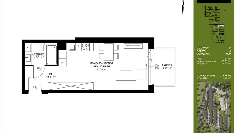 Rzut - Mieszkanie na sprzedaż 1 pokój o powierzchni 32,52 m² - numer B_M39 w Triton Kampinos III