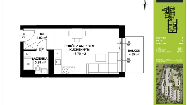 Rzut - Mieszkanie na sprzedaż 1 pokój o powierzchni 26,01 m² - numer B_M42 w Triton Kampinos III