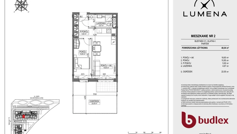 Rzut - Mieszkanie na sprzedaż 2 pokoje o powierzchni 40,04 m² - numer C1.02 w Lumena