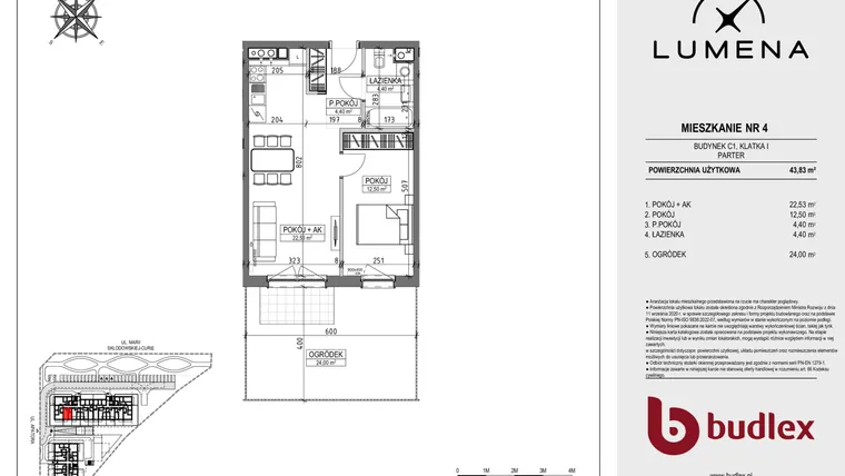 Rzut - Mieszkanie na sprzedaż 2 pokoje o powierzchni 43,83 m² - numer C1.04 w Lumena