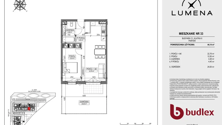 Rzut - Mieszkanie na sprzedaż 2 pokoje o powierzchni 44,14 m² - numer C1.33 w Lumena