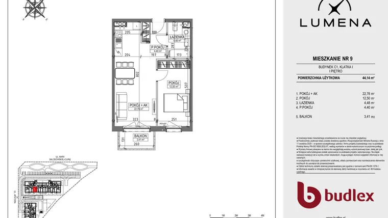 Rzut - Mieszkanie na sprzedaż 2 pokoje o powierzchni 44,14 m² - numer C1.09 w Lumena