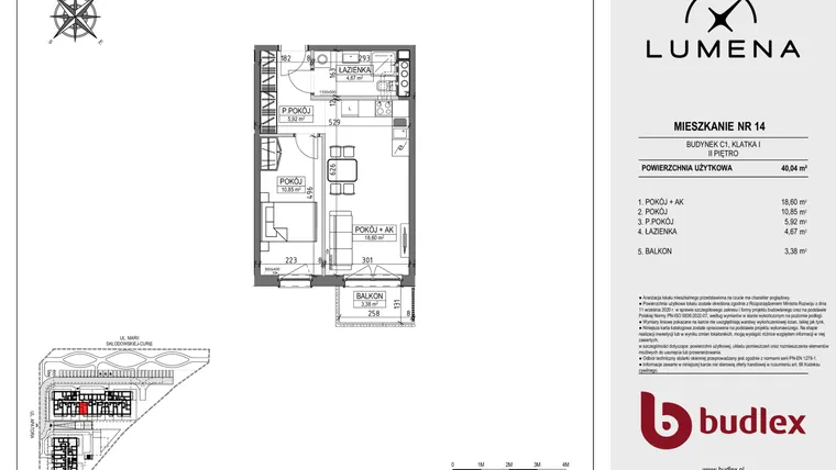 Rzut - Mieszkanie na sprzedaż 2 pokoje o powierzchni 40,04 m² - numer C1.14 w Lumena