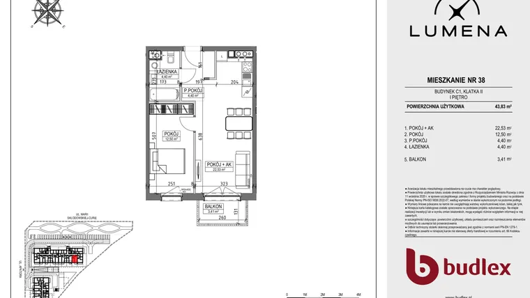 Rzut - Mieszkanie na sprzedaż 2 pokoje o powierzchni 43,83 m² - numer C1.38 w Lumena