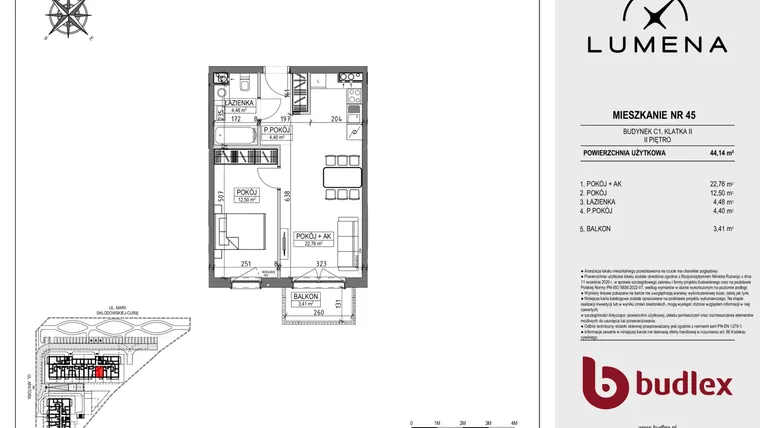 Rzut - Mieszkanie na sprzedaż 2 pokoje o powierzchni 44,14 m² - numer C1.45 w Lumena