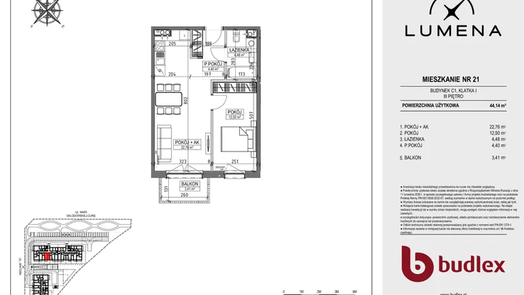 Rzut - Mieszkanie na sprzedaż 2 pokoje o powierzchni 44,14 m² - numer C1.21 w Lumena