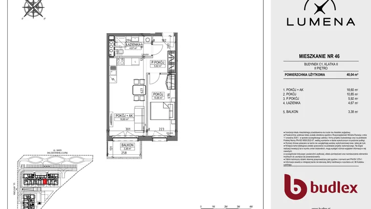 Rzut - Mieszkanie na sprzedaż 2 pokoje o powierzchni 40,04 m² - numer C1.46 w Lumena