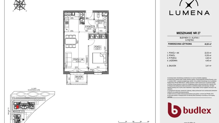Rzut - Mieszkanie na sprzedaż 2 pokoje o powierzchni 43,83 m² - numer C1.27 w Lumena