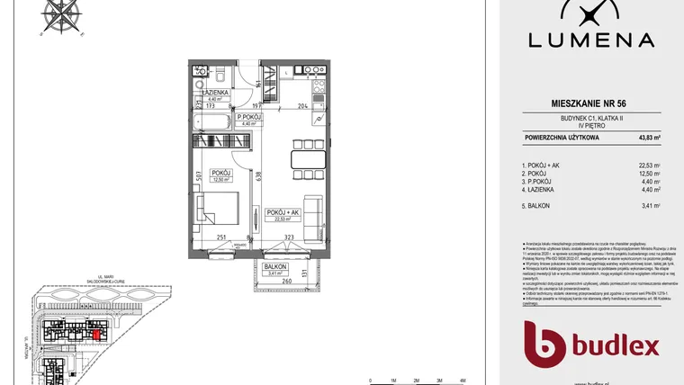 Rzut - Mieszkanie na sprzedaż 2 pokoje o powierzchni 43,83 m² - numer C1.56 w Lumena