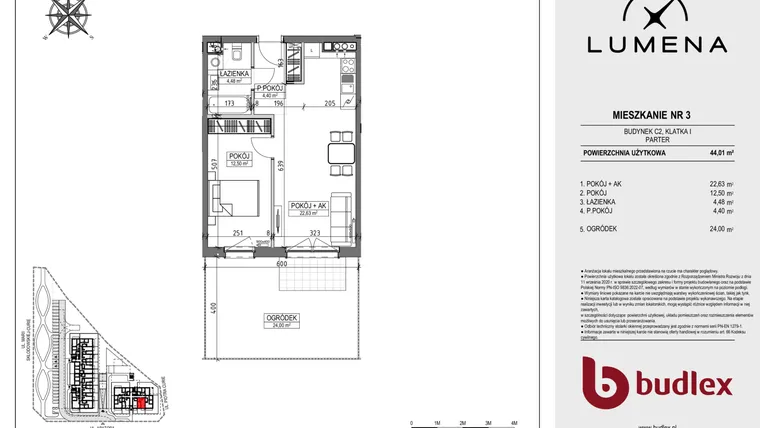 Rzut - Mieszkanie na sprzedaż 2 pokoje o powierzchni 44,01 m² - numer C2.03 w Lumena