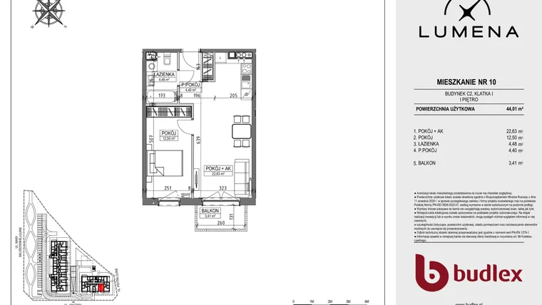 Rzut - Mieszkanie na sprzedaż 2 pokoje o powierzchni 44,01 m² - numer C2.10 w Lumena