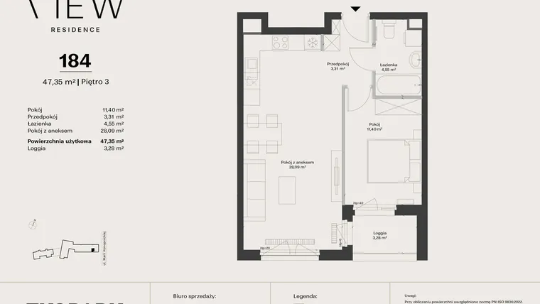 Rzut - Mieszkanie na sprzedaż 2 pokoje o powierzchni 47,35 m² - numer 184 w The View