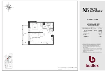Rzut - Mieszkanie na sprzedaż 2 pokoje o powierzchni 37,29 m² - numer B1 w Nowe Batorego 2